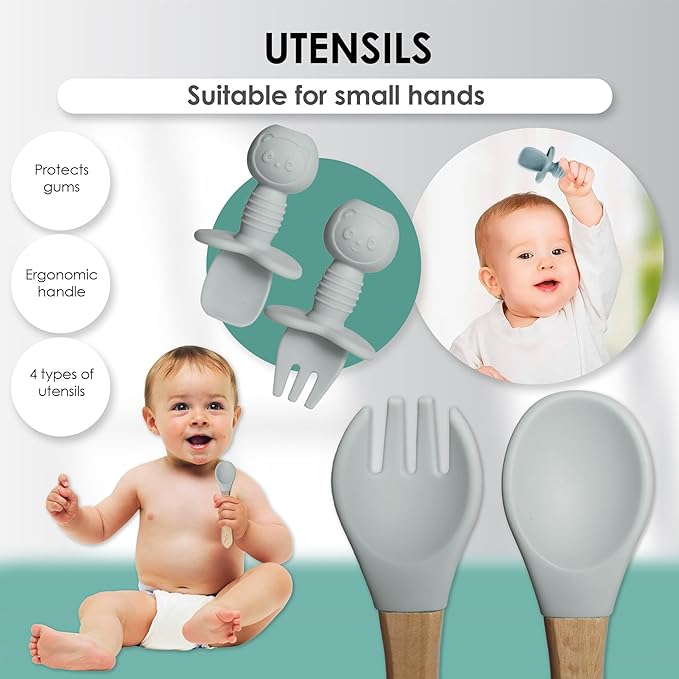 Bluet B- Silicone Baby Feeding Set - Baby Led Weaning Supplies - Baby Spoons, Suction Bowl - Plate - Baby Utensils - Silicone Feeding Set for Baby First Foods, Infant Eating - 8pcs - Gray