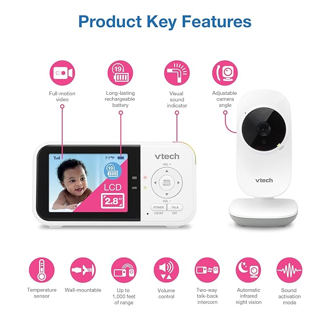VTech VM819 Baby Monitor with Camera and Audio, 2.8” Screen Portable Baby Camera, Night Vision, 2-Way Audio, Temperature Sensor and Lullabies, Secure Transmission No WiFi, Ideal for Baby/Elderly/Pet