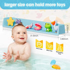 Bathtub Splash Guard for Kids - 31.4 Inch Extra Wide Bath Splash Barrier with 11 Strong Suction Cups, Flexible Silicone Tub Ledge Organizer to Keep Bathroom Floor Dry(Blue)