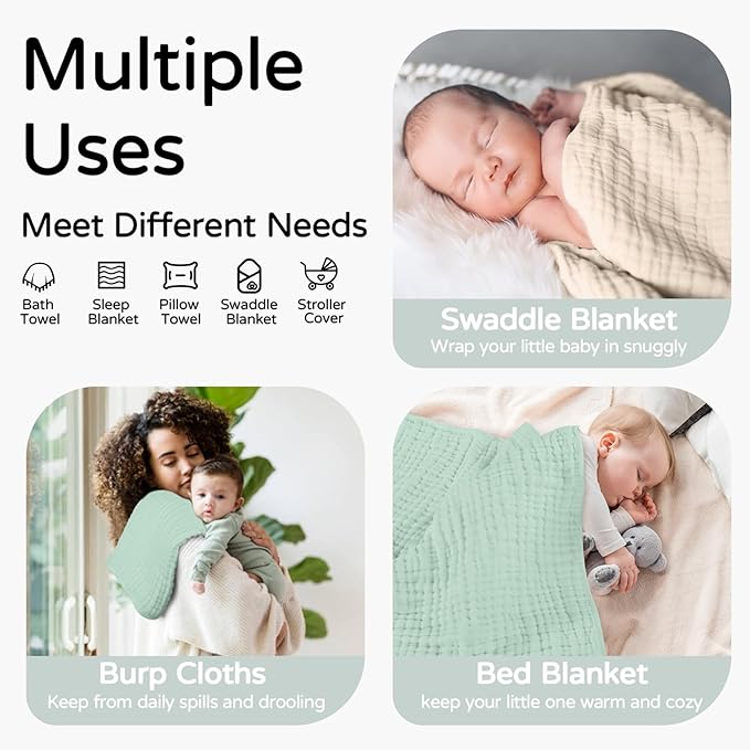 Yoofoss Hooded Baby Towels for Newborn 2 Pack 100% Muslin Organic Cotton Baby Bath Towel with Hood for Babies, Infant, Toddler and Kids, 32x32Inch, Soft and Absorbent Newborn Essential,Apricot&Green