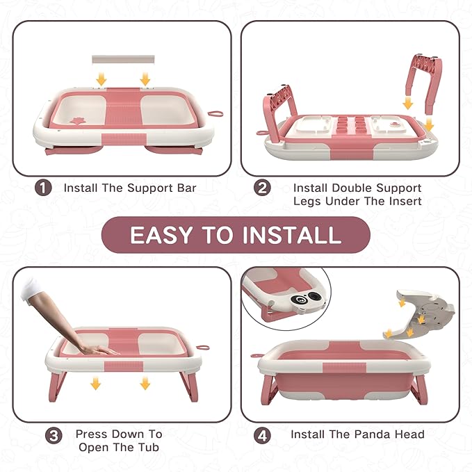 Collapsible Baby Bathtub for Newborn to Toddler (0-24 Months), Portable Baby Bath Tub for Travel, Newborn Bathtub with Soft and Supportive Cushion (Panda-Pink)