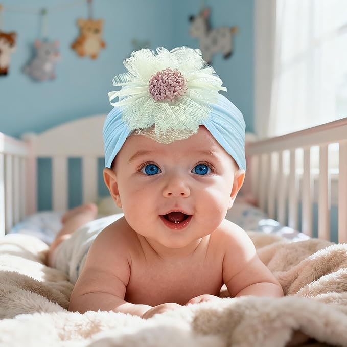 Baby Girls Sunflower Headbands, 3 Pack Baby Hairband Hair Bows Lace and Stretchy Elastic Accessory for Newborn Infants Toddlers (Purple+Blue+Pink, One Size(Stretchy))