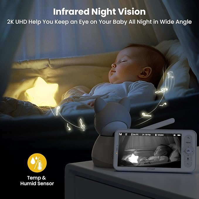ieGeek Baby Monitor with 5" HD Screen, 2K Camera & Night Vision – WiFi/No-WiFi Dual Mode, PTZ, Cry/Motion Detection, 2-Way Audio, Temp/Humidity Sensor, Auto Tracking, Secure App & Remote Contro