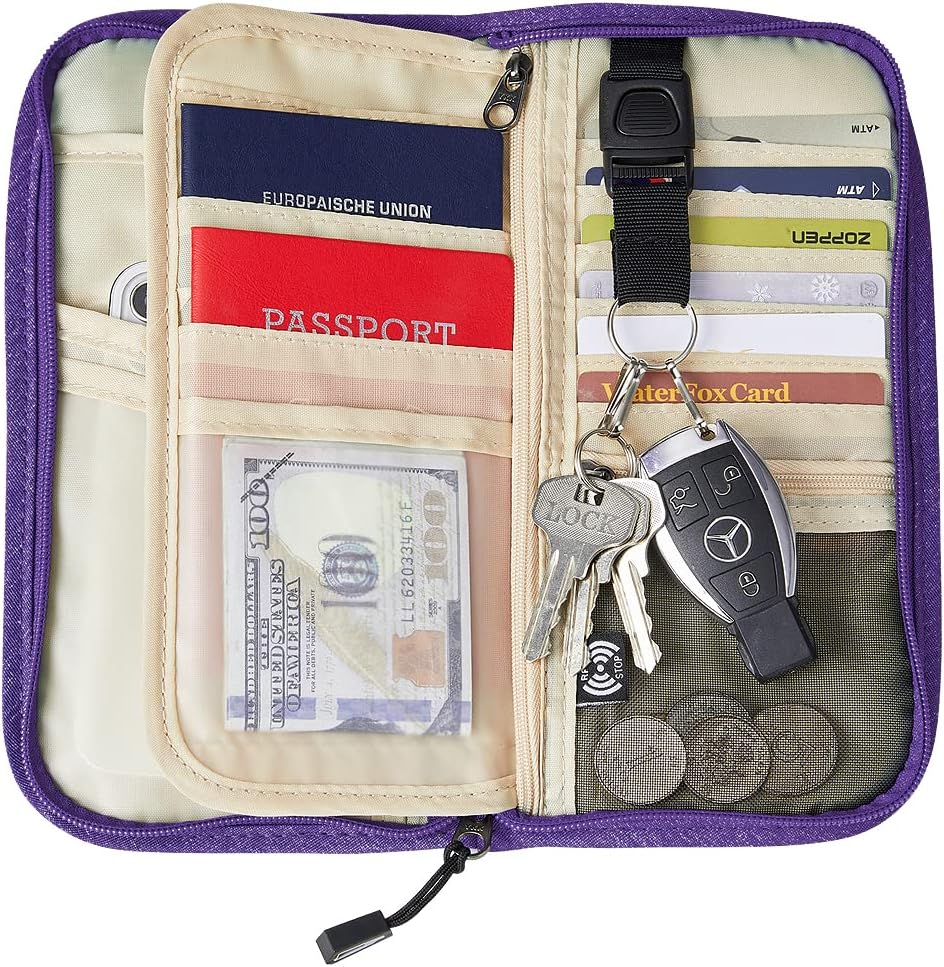 ZOPPEN Passport Holder Family RFID Passport Wallet, Passport Holder Women/Men, Travel Wallet Documents Organizer Zipper Case with Removable Wristlet Strap, Travel Essentials for Flying