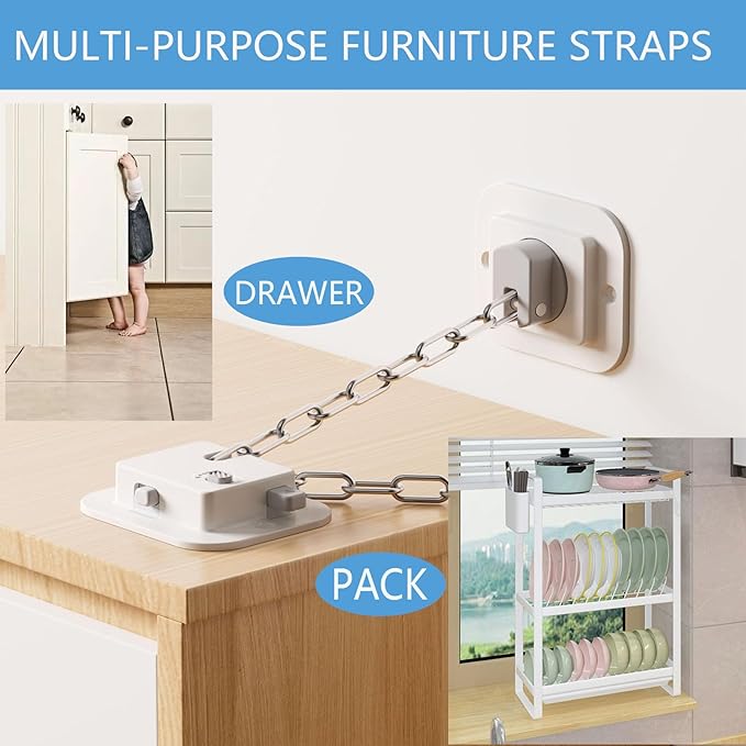 YEYA Upgraded Anti-Tip No Drill Furniture Anchor with 3M Adhesive 10" Adjustable Straps, Baby Proofing Wall Anchors for Child Safety, Playroom Essentials 4P