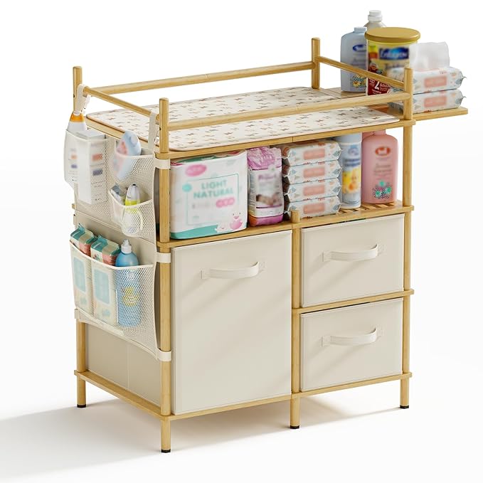 Amazer Baby Changing Table, Bamboo Diaper Changing Station with 3 Removable Storage Drawers, Baby Dresser Table with Flat Top, Large Storage Nursery Organizer Shelves with Pad, Mesh Pocket