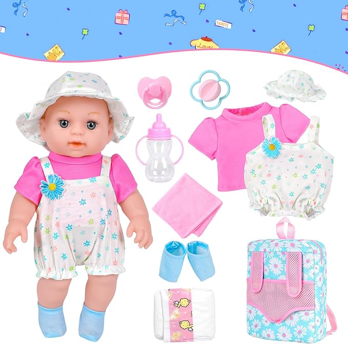 12" Girls Baby Doll Daisy Theme Backpack Carrier Playset,12 Inch Reborn Baby Dolls With Accessories And Clothes Set Toy Stuffs Pink Hanky Diaper Bottle Nipple And Gifts For Baby Toddler Age 3+