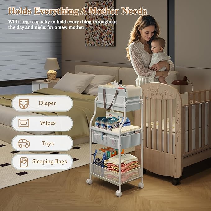 2 In1 Baby Diaper Caddy Organizer & Storage Cart, 3-Tier Rolling Diaper Organizers with Divider and 12 Pocket，Nursery Bedside Caddy Utility Cart for Baby Clothes & Dresser Baby Bottle -Baby Essential