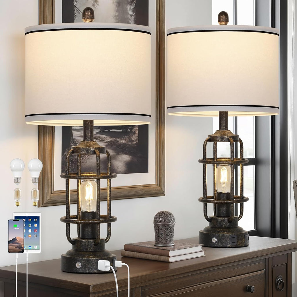 26" Vintage Industrial Table Lamps Set of 2, Farmhouse 3 Way Dimmable Touch Control LED Night Lights Table Lamp with USB A+C Ports & AC Outlet, Rustic Retro Beside Nightstand Lamp for Bedrooms Bronze