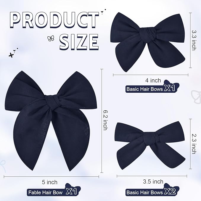 DEEKA 4 PCS Navy Blue Cotton Linen Hair Bows 3 Styles 5" & 4" Handmade Hair Bow set for Toddler Girls Alligator Hair Clips Knot Bows Hair Accessories for Little School Girls (Navy Blue)
