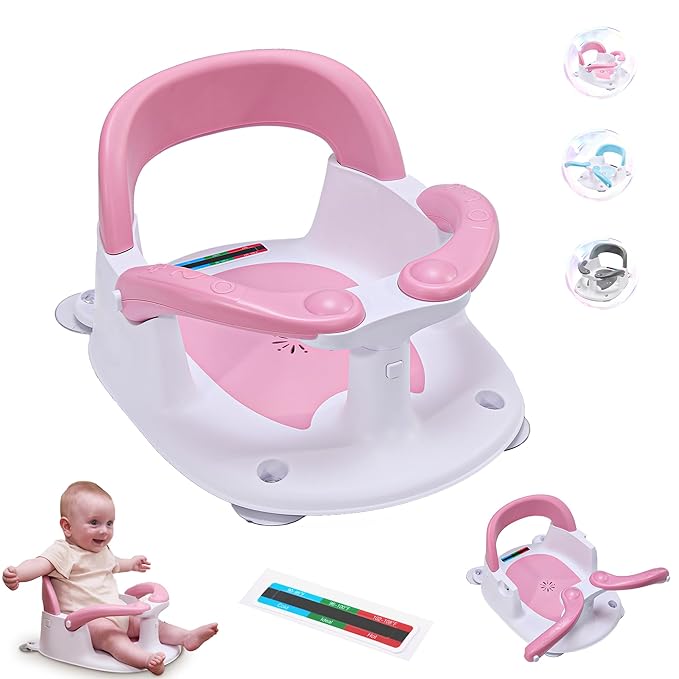 Baby Bath seat for Babies 6 Months & up, 360° Stable Toddler Bath Chair with one-Touch Button, Back Hollow Design, Water Temperature Card & 4 Suction Cups for Safety (Pink)