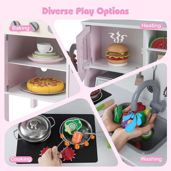 HONEY JOY Kids Kitchen Playset, Wooden Play Kitchen for Toddlers, Microwave, Range Hood, Ice Maker, 18 Cooking Accessories, Little Chef Pretend Play Toy Kitchen Set, Gift for Boys Girls, Pink
