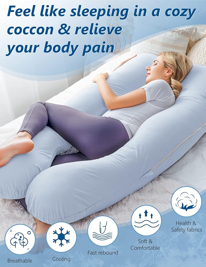 Meiz Pregnancy Pillow, Cooling Pregnancy Pillows for Sleeping, Maternity Pillow for Pregnant Women, Pregnancy Body Pillow with Cooling Jersey Cotton Cover, Blue