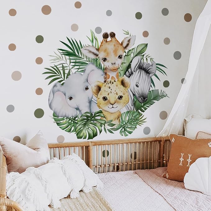 37.95x33.13 Inch Watercolor Jungle Animal Wall Decal Forest Animal Tiger Elephant Giraffe Zebra Wall Sticker Removable Safari Animal Wall Decal for Baby Nursery Playroom Bedroom Classroom Wall Decor