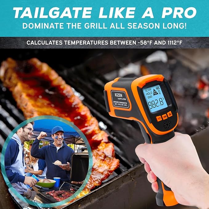 Kizen Infrared Temperature Gun - Handheld Surface Infrared Thermometer for Griddle, Grill, Pizza Oven, Candy, & A/C - Laser Thermometer Gun -58F to 1112F - Surface Temp Gun