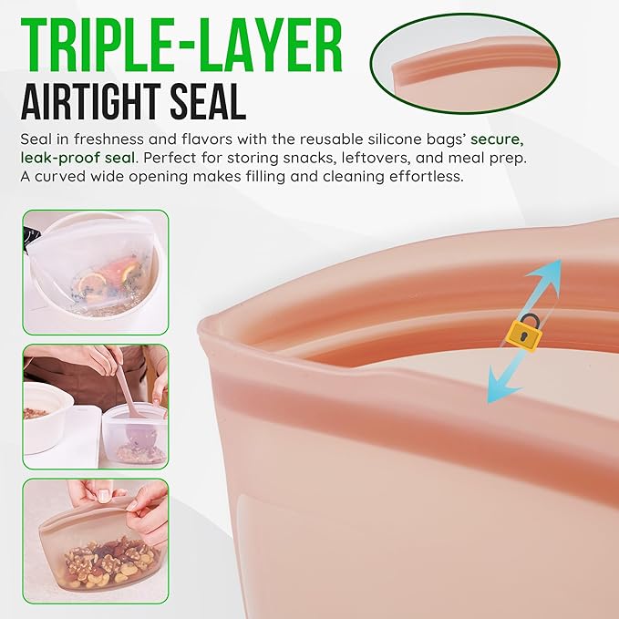 Reusable Silicone Food Storage Bags 3.6Cup (29oz), Airtight food Storage Containers Food Grade Silicone Snack Bags, BPA Free Food Storage Container, Microwave Safe, Sous Vide Container, White