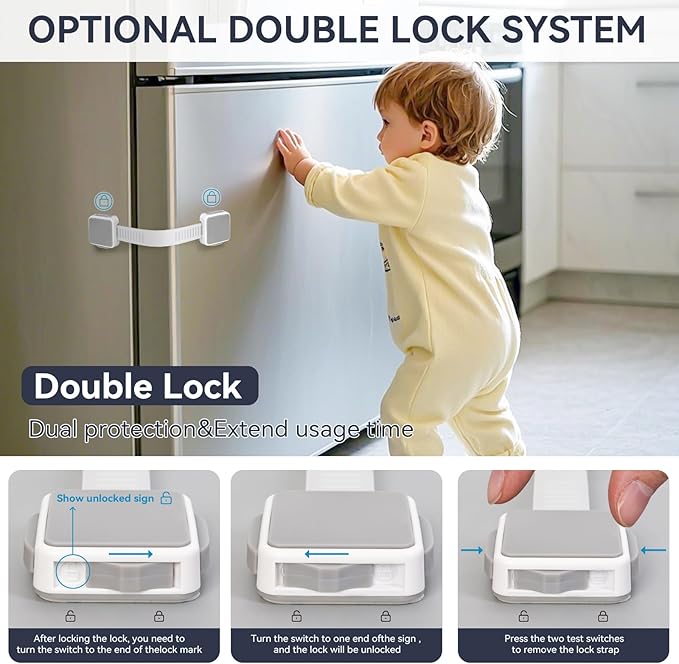 2 Pack Child Safety Cabinet Locks for Baby Proofing, Length Adjustable Latch Straps Dual Button Design for Drawers Fridge Refrigerator Doors Toilet Seat Oven (Grey, 2Pack)