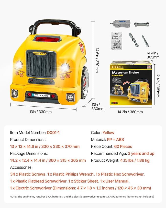 VEVOR Engine Toy, 60 Pieces, Kids Mechanic Car Repair Set with Removable Parts, Lights and Sounds, Steering Wheel and Horn, Kids Mechanic Workshop Set for Toddler Ages 3 Years and Up, Yellow