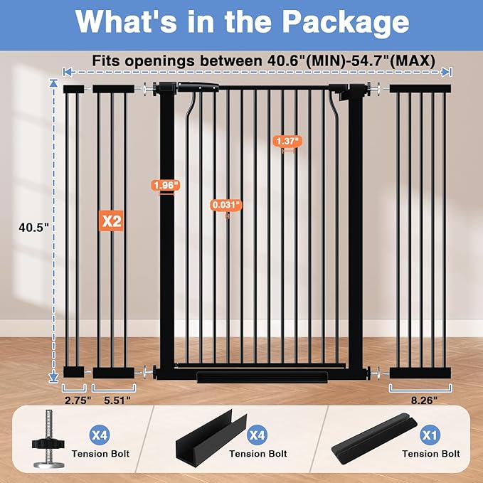 40.5" Extra Tall Baby Gate for Stairs, 40.5"-54.7" Extra Wide Large Dog Pet Gate Indoor, Pressure Mounted Safety First Child Gate Kids, Metal Auto Close Puppy Barrier for Walk Thru, Black