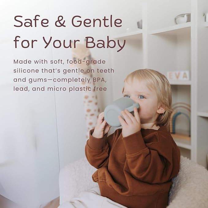 Silicone Sippy Cups with Easy Grip Transition Handles and a Soft Spout. A Non Toxic No Spill Unbreakable Training Cup. 150ml/5oz |2-PACK Green and Sandy Shore|