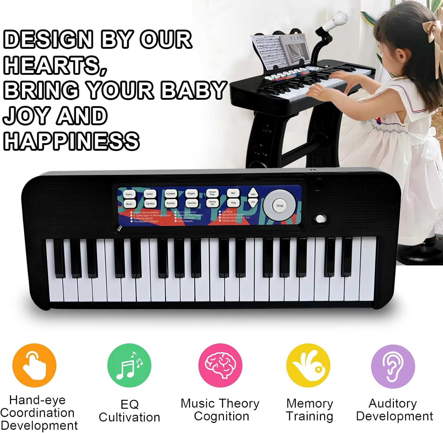 Love&Mini Piano Toy for Kids - 37 Keys Piano Keyboard Toy with Stool and Microphone, Black Electronic Musical Instrument Birthday Gift for Kids 3 4 5 6 7 8 Years Old Boys and Girls