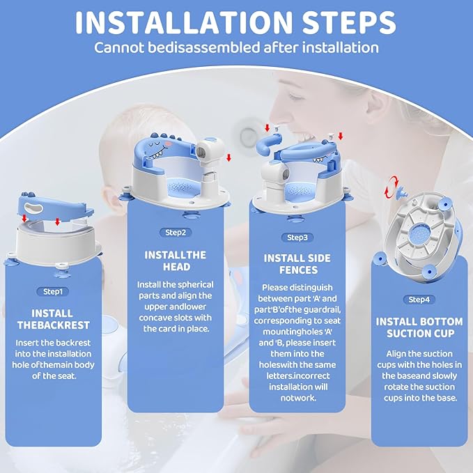 TPN Baby Bath Seat for Babies 6 Months & Up, Non-Slip Toddler Bath Seat with 5 PCS Waterproof Emoji Stickers, Portable Infant Bath Seat for Baby(Blue)