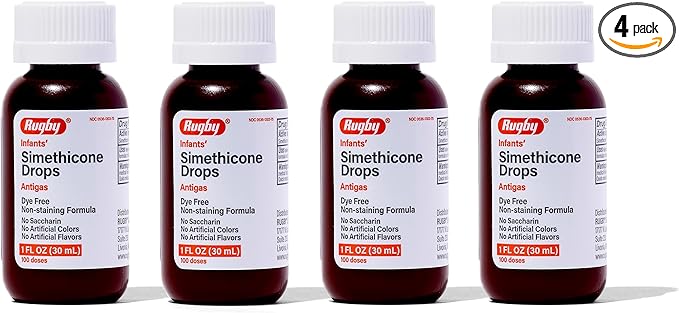 Rugby Dye-Free Infants' Gas Drops - Simethicone 20 mg Liquid Drops for Newborns, Babies, Toddlers, and Kids - Fast Relief from Gas Discomfort - No Artificial Colors or Flavors - 1 Fl. Oz. (4 Pack)