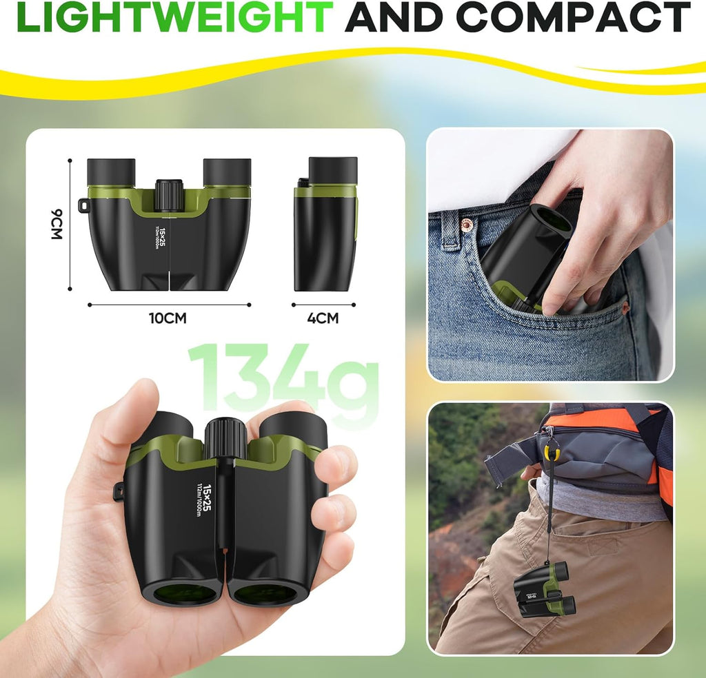 High Powered 15x25 Compact Binoculars for Adults&Kids with BAK4 Prism,FMC Lens,Waterproof Binocular with Low Light Vision,Small Binoculars for Cruise Ship/Theater/Travel/Sightseeing (Green)
