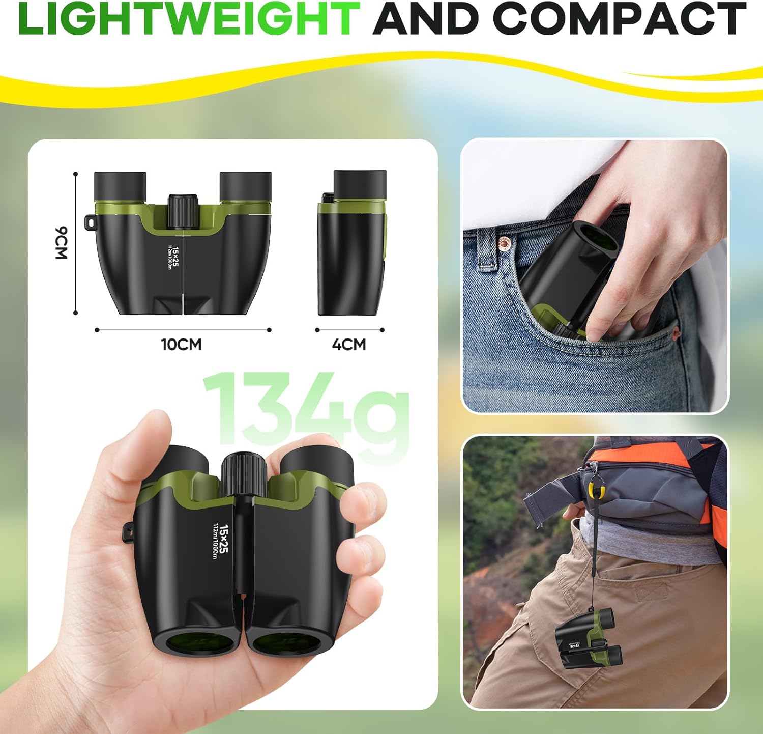 High Powered 15x25 Compact Binoculars for Adults&Kids with BAK4 Prism,FMC Lens,Waterproof Binocular with Low Light Vision,Small Binoculars for Cruise Ship/Theater/Travel/Sightseeing (Green)