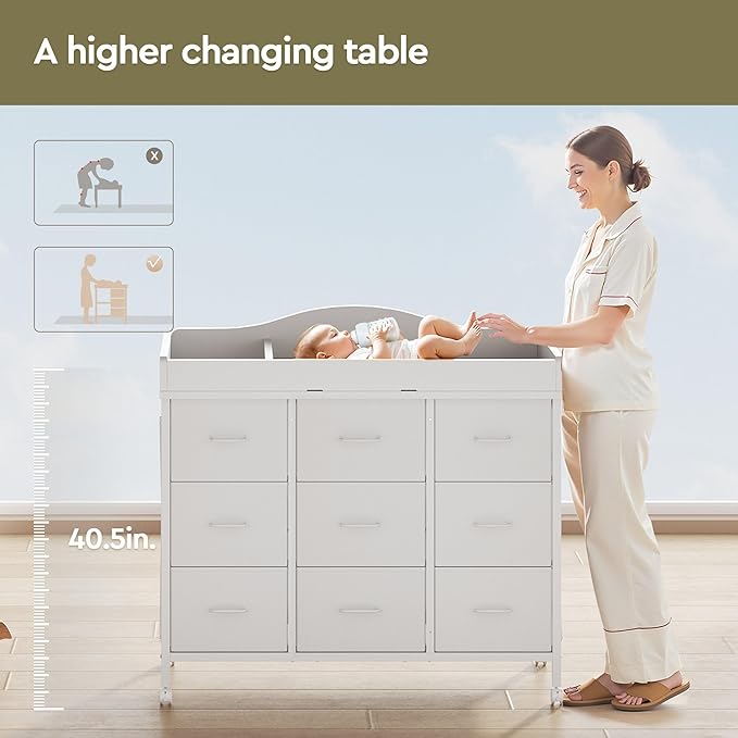 Baby Changing Table with 9 Fabric Drawers, Waterproof Diaper Changing Station & Pad, Mobile Nursery Diaper Changing Table, Baby Furniture, Bedroom, White
