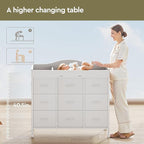 Baby Changing Table with 9 Fabric Drawers, Waterproof Diaper Changing Station & Pad, Mobile Nursery Diaper Changing Table, Baby Furniture, Bedroom, White