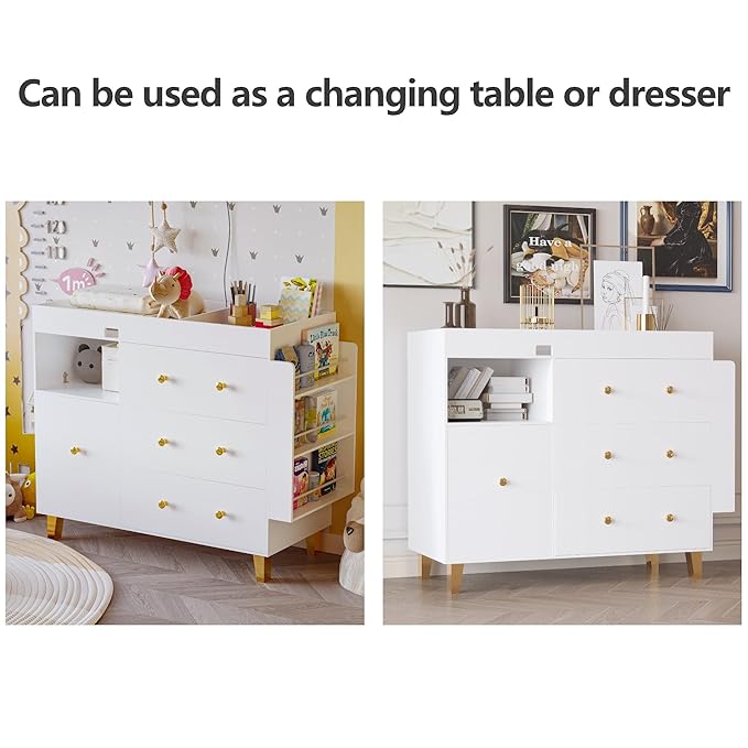 Baby Changing Table Dresser,Diaper Changing Table with Large Tabletop,4 Drawers, Open Storage Space & Side Shelves,Modern Storage Crib with Changing Table for Nurseries and Baby Rooms,White