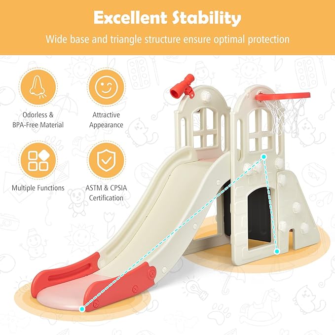BABY JOY Toddler Large Slide, 6 in 1 Slide for Kids with Basketball Hoop, Ring Toss, 2 in 1 Convertible Climbing Way, Freestanding Kids Slide Climber Set for Indoors Outdoor Boys Girls Gifts Present