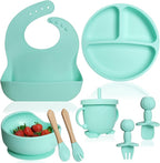 Bluet B - Silicone Baby Feeding Set - Baby Led Weaning Supplies - Baby Spoons, Suction Bowl - Plate - Baby Utensils - Silicone Feeding Set for Baby First Foods, Infant Eating - 8pcs - Green