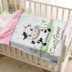 Personalized Baby Blanket for Boys, Custom Name Baby Blanket with Cars, Soft Flannel with Double Layer Dotted Backing, Receiving Swaddle Blankets for Infants and Toddlers, Cow Design