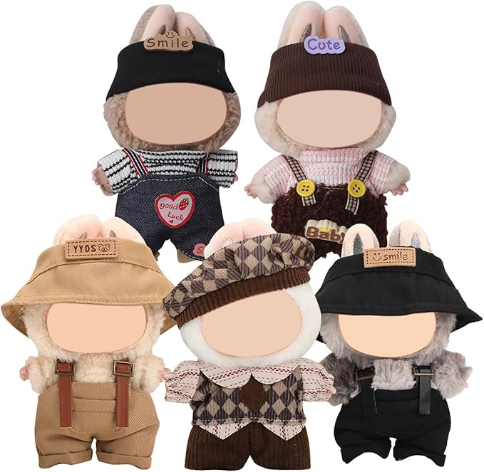 5 Complete Style Clothes Sets for 17cm Dolls - Hat & Overalls Dress Up Outfit for 17cm 15cm Dolls,Designer Outfits Bundle with Luxury/Cute/Sporty Themes, Gift for Doll Lovers (Smile, 17cm/15cm)