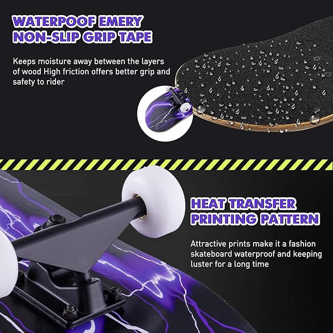 Skateboard,31 x 8 Inch Complete Skateboard, 8-Layer Maple Wood Deck Double Kick Standard Skateboards for Kids, Teens, Adult, Beginner