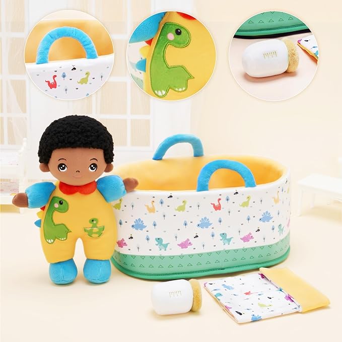 OUOZZZ 10" Soft Black Baby Boy Doll Set, Baby Doll Accessories Pretend Playset Emotional Social for 2 Year Olds Boy Christmas Birthday Gift Dinosaur