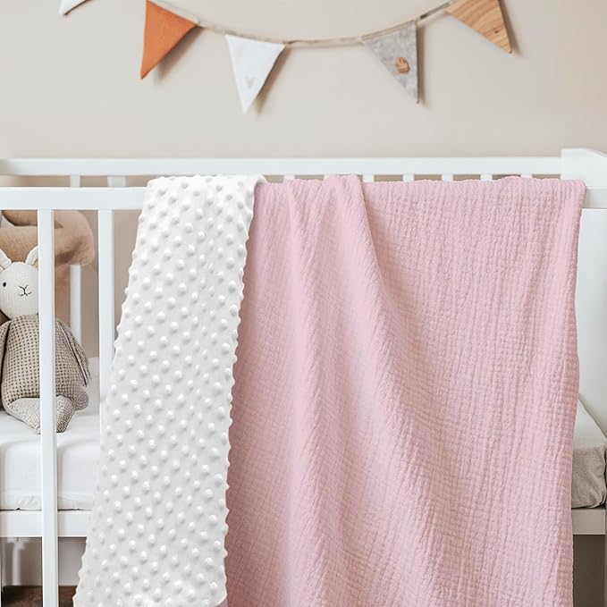 Baby Blankets for Girls, Soft Nursery Minky Blankets with Muslin and Dotted Fleece Back 30x40 inches, Receiving Bed Quilt for Newborn, Infants, Toddlers (Pink)