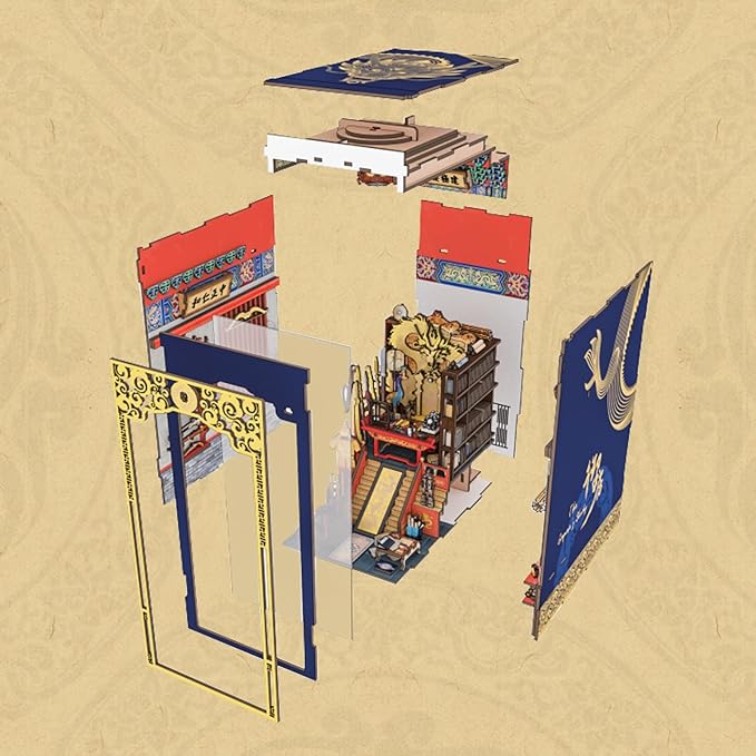 Book Nook Kit, DIY Dollhouse Booknook, Book Nook Miniature Kit for Bookshelf Insert Decor Crafts for Adults Teen Halloween, 3D Wooden Puzzle with Led Light (The Emperor's Study)