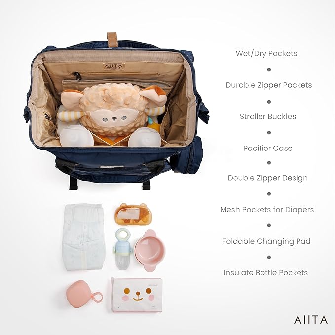 Diaper Bag Backpack, Multifunction Diaper Bag with Changing Station, Stylish Baby Bags, Large Unisex Diaper Backpack for Mom and Dad, Baby Registry Search, Portable Changing Pad – Navy Blue