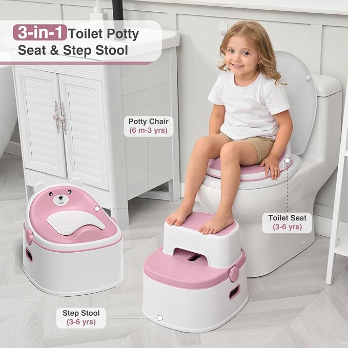 3-in-1 Toddler Potty Training Toilet for Boys & Girls - Convertible Potty Chair with Step Stool for Toddlers 1-3, Anti-Slip Design Toddler Toilet Seat - Removable & Easy to Clean