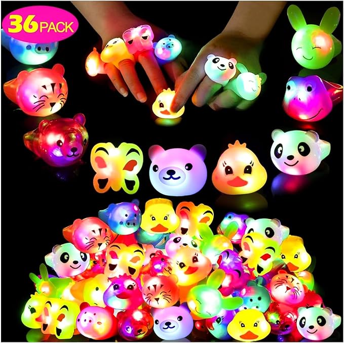 36 Pack Light Up Rings Glow in The Dark Party Supplies, Light up Party Favors, Goodie Bag Stuffers, Birthday Christmas Party Favors Classroom Prizes Cute Animal Treasure Box for Kids