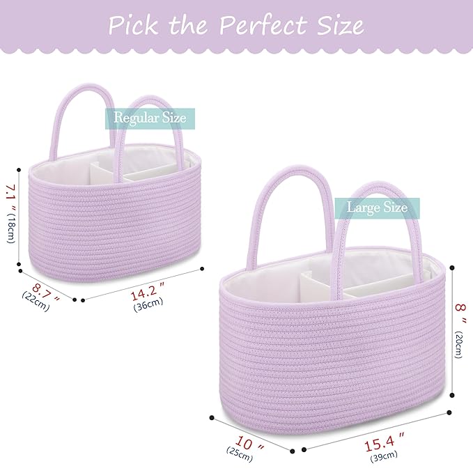 COMSE Large Baby Diaper Caddy Organizer for Girl Boy, Car Caddy with Handles, Cotton Rope Basket for Changing Table, Nursery Organizer, Gift for Baby Shower and Registry Must Have, Purple