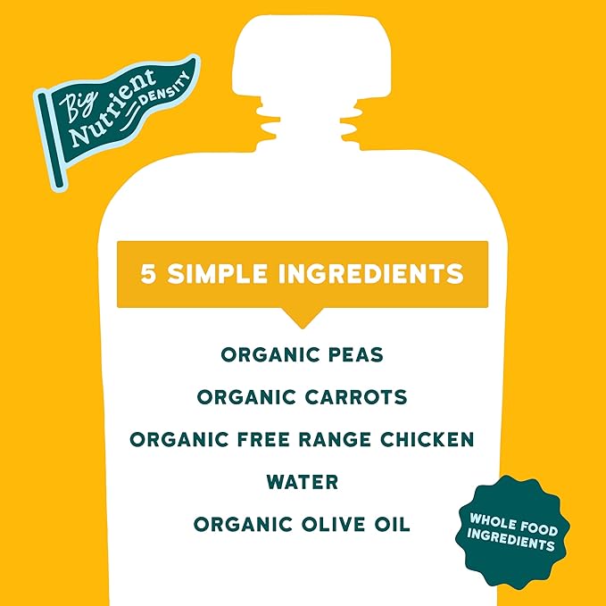 Serenity Kids 6+ Months Baby Food Pouches Puree Made With Ethically Sourced Meats & Organic Veggies | 3.5 Ounce BPA-Free Pouch | Free Range Chicken, Pea, Carrot | 1 Count
