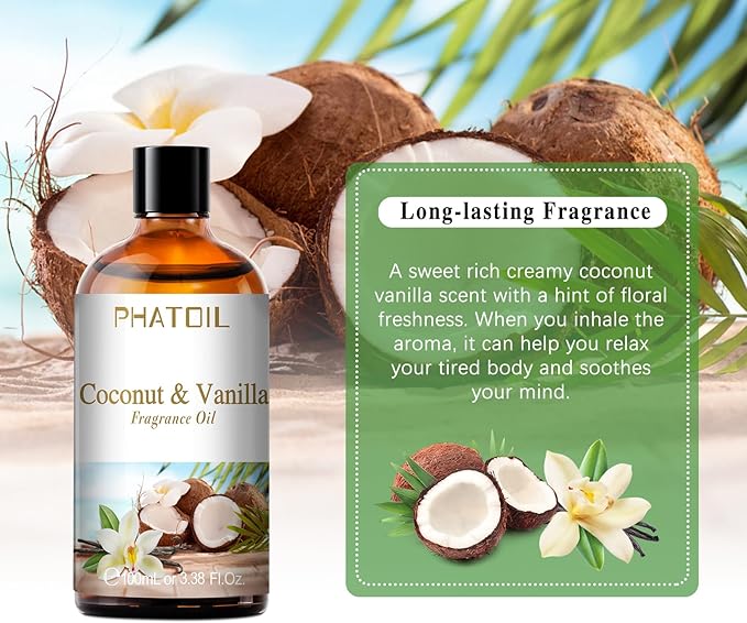 PHATOIL 3.38FL.OZ Coconut & Vanilla Fragrance Oils for Aromatherapy, Essential Oils for Diffusers for Home, Perfect for Diffuser, Yoga, DIY Candle and Soap Making - 100ml