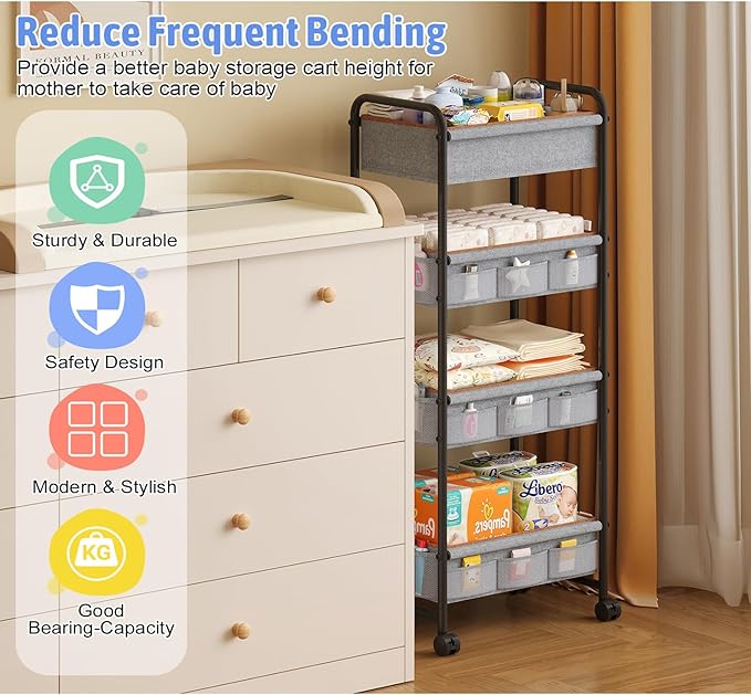 4-Tier Baby Diaper Caddy Cart Organizer,Mobile Nursery Baby Dresser Clothes Organizer with Wheels,with 2 Dividers & 21 Mesh Pockets，Metal Utility Cart for Nursery,Bedroom,Bathroom