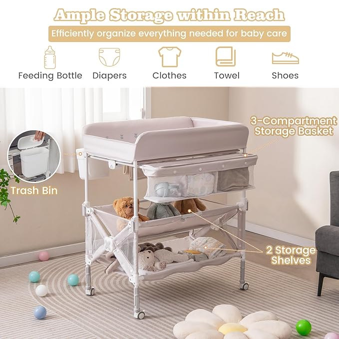 BABY JOY Portable Baby Changing Table, Foldable Waterproof Diaper Changing Station w/Wheels, Adjustable Height, Storage Basket, Shelves & Trash Bin, Mobile Nursery Organizer for Newborn Infant, Beige