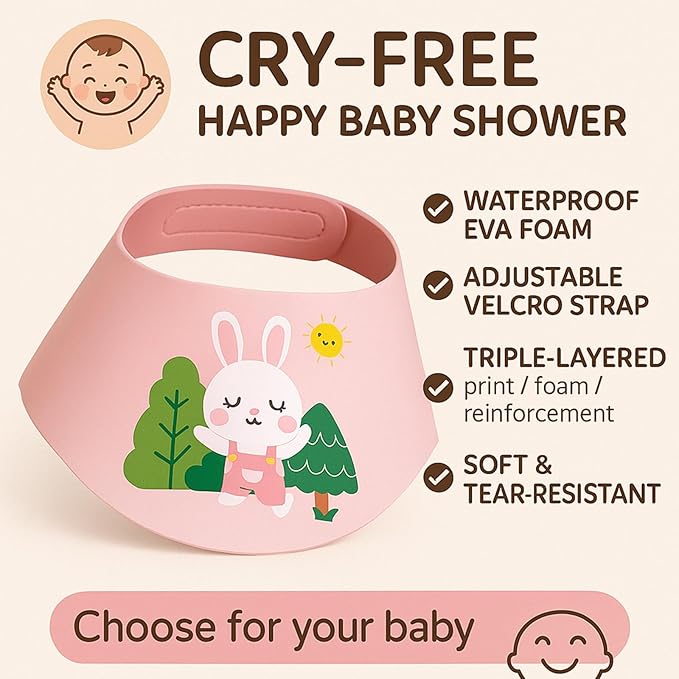 Baby Shower Cap Shield - Adjustable Waterproof Shower Visor for Kids, Soft Baby Hair Washing Shield with Ear Protection, Perfect for Toddlers & Children (White Rabbit)