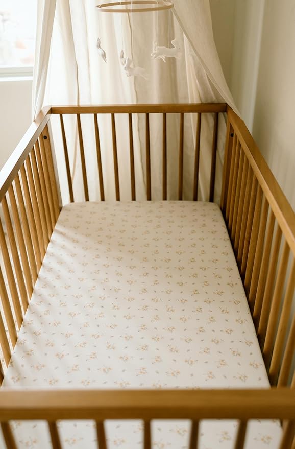 Oilo Crib Sheet, Breathable, Fitted, Organic Cotton Jersey, 300-Thread, Machine Wash, Fits Standard Crib (28" x 52" x 6"), Toddler Bedding, Heirloom Organic Collection, Dainty Floral